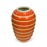 A large Italian pottery orange glazed vase, of ribbed bulbous form, marked Perugia to base 53cm (