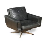 A mid-20th century black leather swivel lounge chair, raised on an aluminium five-point base 85 x