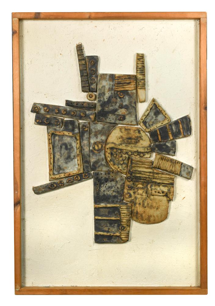 A 20th century Studio Pottery abstract relief panel, within a pine frame, unsigned 96 x 65cm (37 x