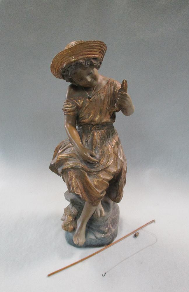 A Goldscheider terracotta model of a young girl fishing, she sits perched upon a rock holding her - Image 2 of 7