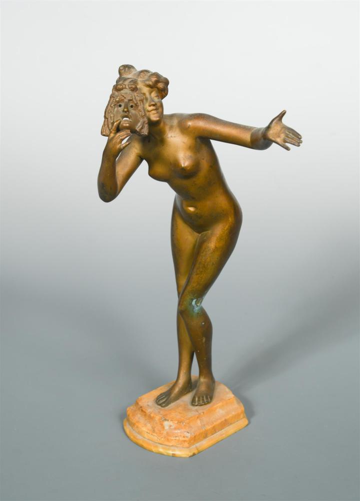 Paul Philippe, (French, 1870-1930), 'Masquerade', a bronze study, modelled as a female nude removing