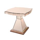 An Art Deco mirrored peach glass occasional table, the shaped square top on a spreading pedestal