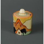 A Clarice Cliff Bizarre 'Mountain' pattern preserve pot and cover, the cylindrical pot painted in