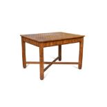 An Art Deco parquetry decorated oak centre table, the rectangular top on four fluted burr oak