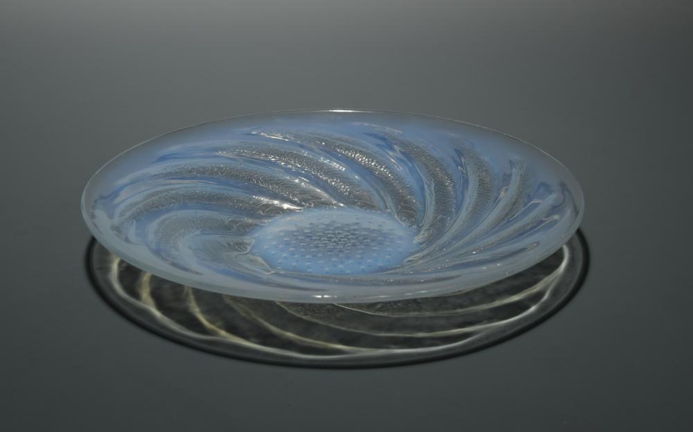 Poissons, an R. Lalique opalescent glass shallow bowl, moulded R. Lalique mark to centre 30cm (12in)