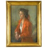 § Peter Kuhfeld, RP, NEAC (British, b.1952) Portrait of a young woman in a red jacket signed '