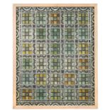 Two pairs of 1920's Continental stained glass panels, one pair with geometric design within wooden