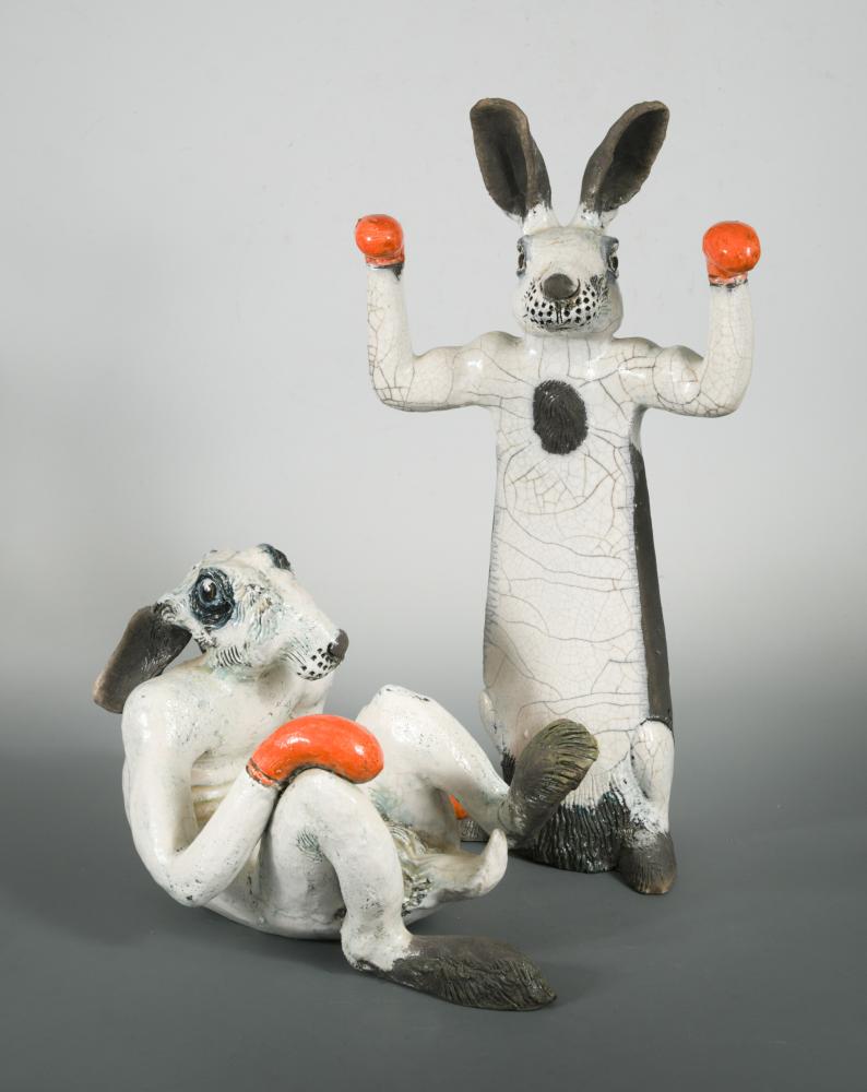 § Lawson E*** Rudge (born 1936), a pair of humorous studio pottery crackled white-glazed boxing