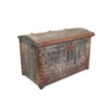 An Indian teak and metal bound domed top trunk 78 x 121cm (30 x 47in)