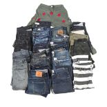 A quantity of denim jeans and other trousers, to include; G-Star raw, Neighborhood, Punk Drunkers,