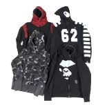 A Bathing Ape (BAPE) a collection of eight hoodies, mostly in black with various designs in a