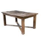 An oak plank top refectory style table, raised on four legs united by an x-form stretcher 72 x 153 x