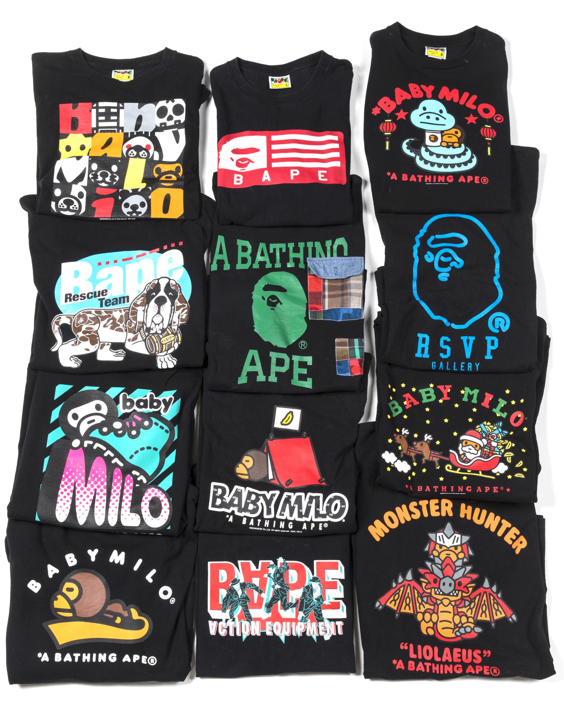 A Bathing Ape (BAPE) a quantity of black T-shirts, with varying designs, in medium or large sizes (