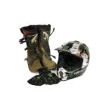 Arai, Keith's Motocross crash helmet, 'Flinty', together with Monster branded fingerless gloves, and