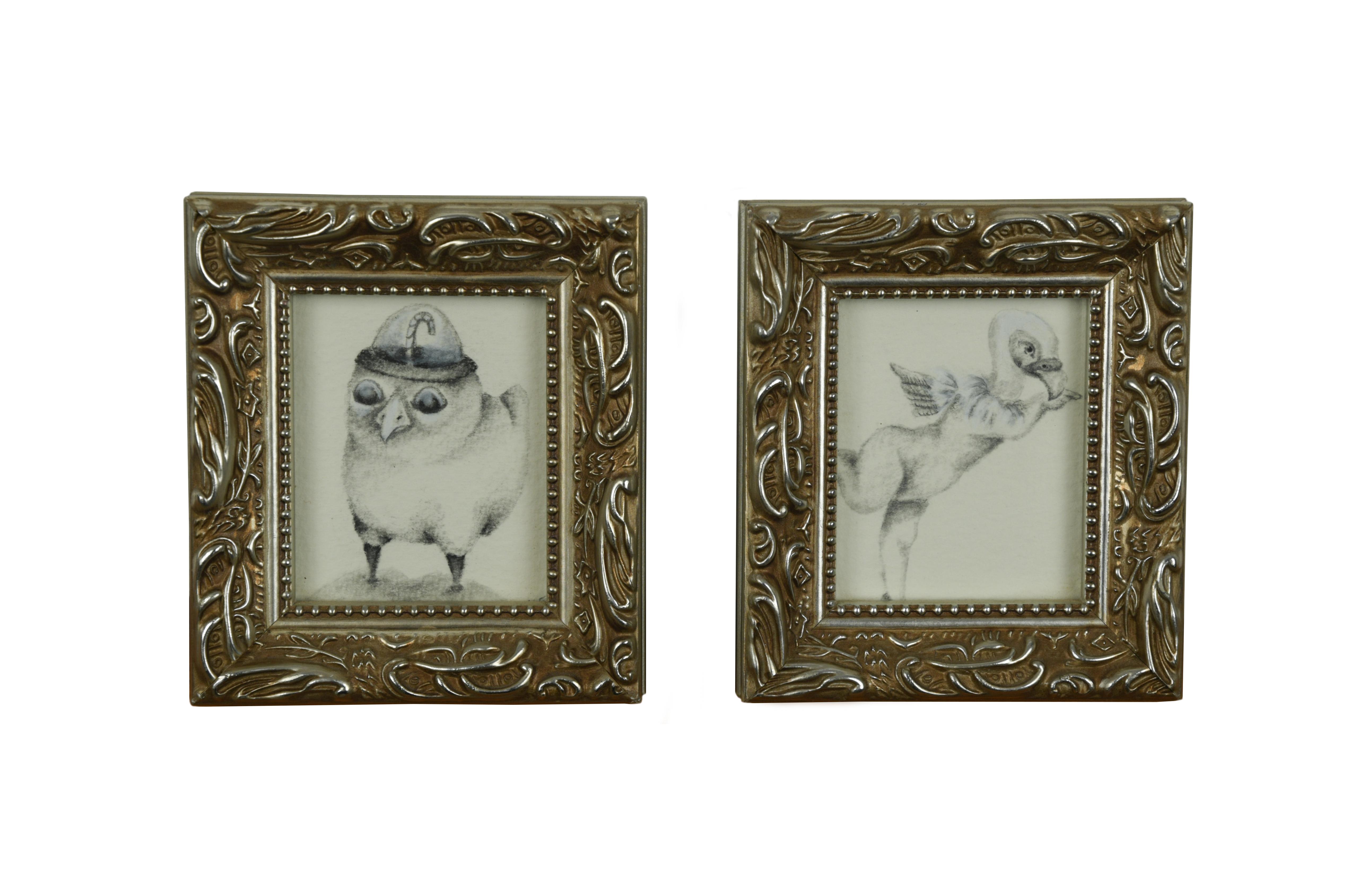 A collection of six surrealist drawings, depicting animals, each signed with initials "KF '08",