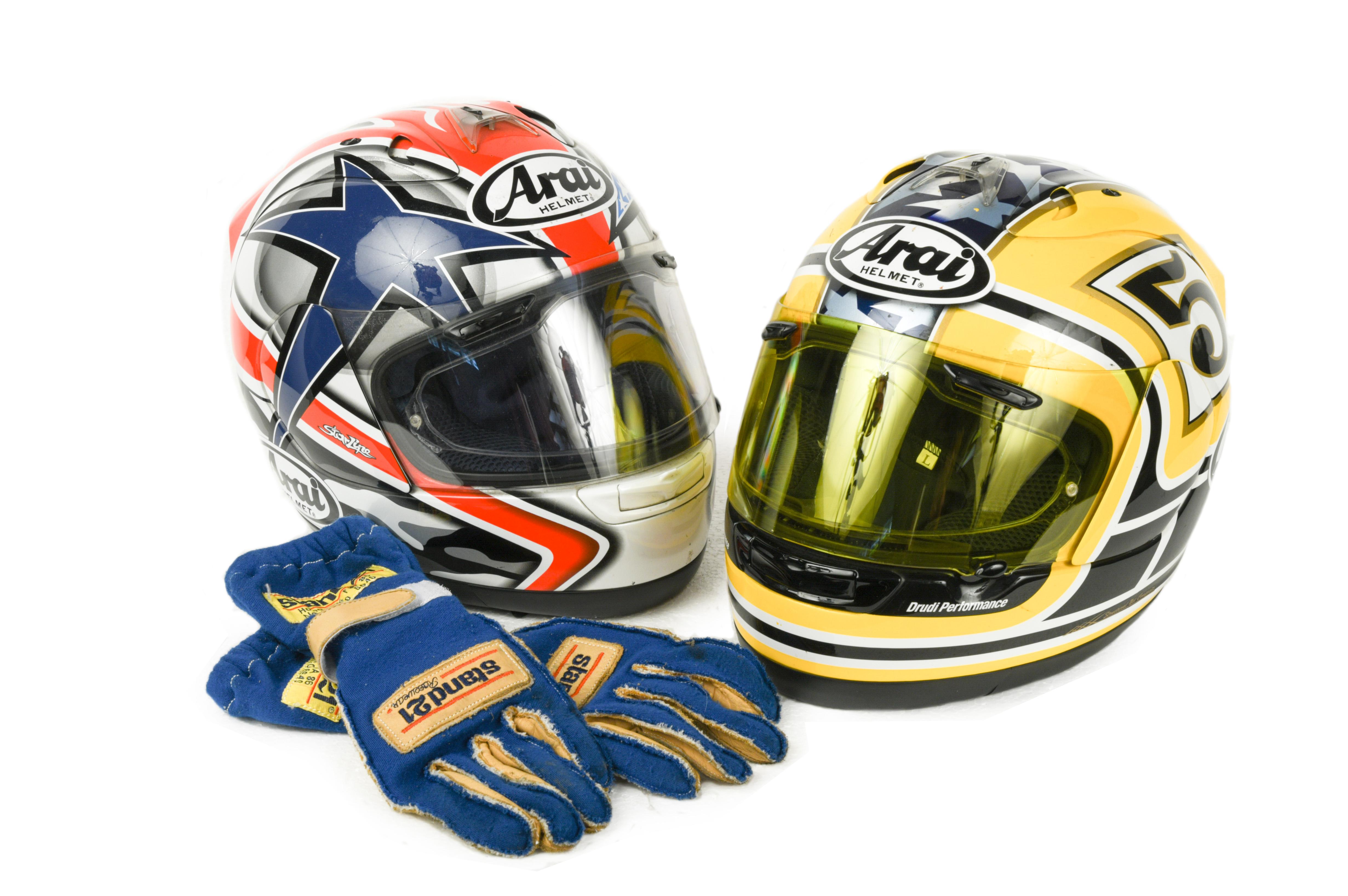 Arai, two custom painted crash helmets, model RX-7 corsair, both size XS, both with carry bags and a