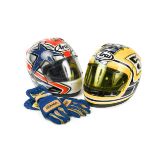 Arai, two custom painted crash helmets, model RX-7 corsair, both size XS, both with carry bags and a