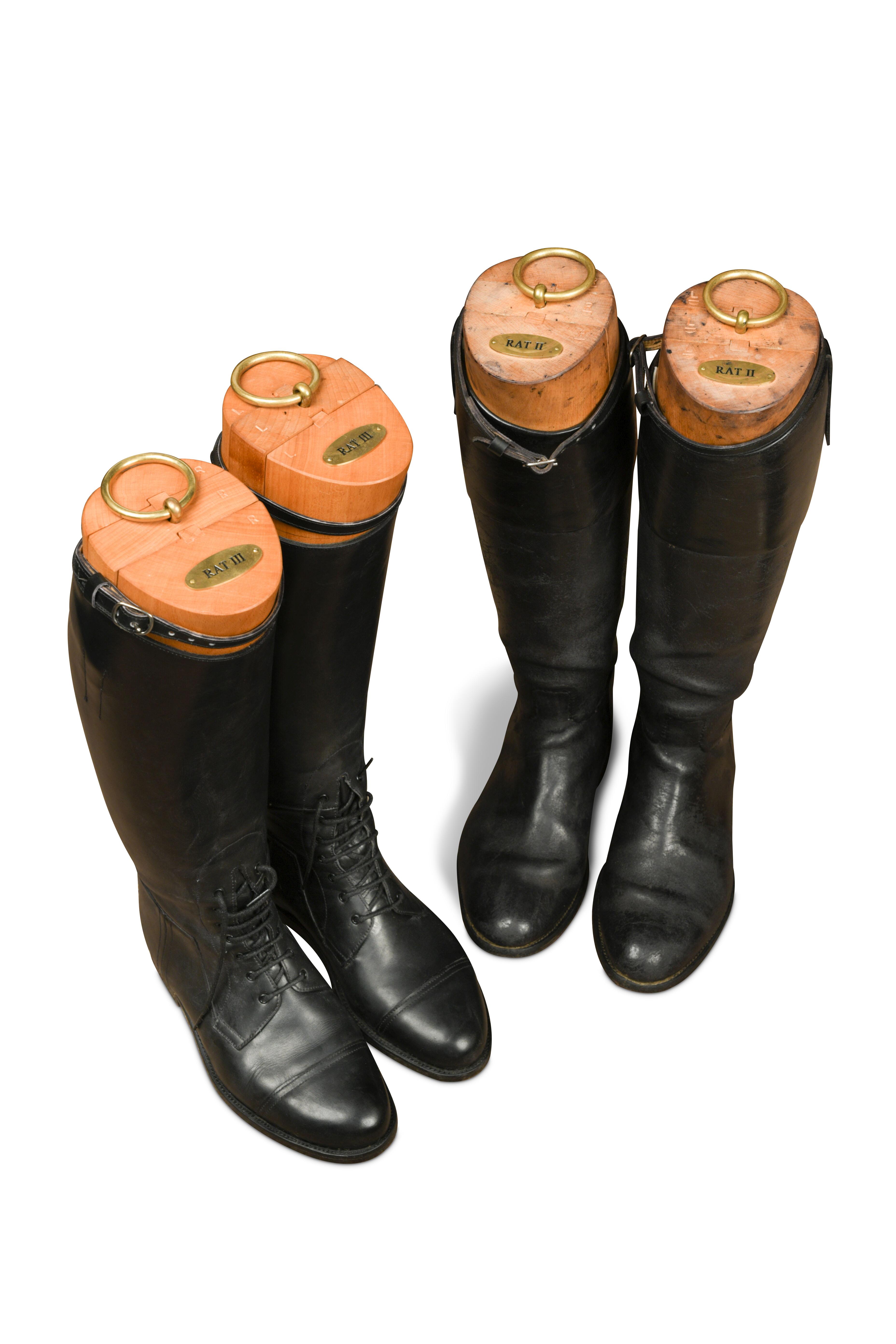 Keith Flint's riding apparel, comprising two pairs of Horace Batten bespoke leather riding boots and