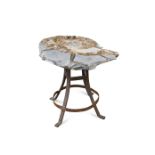 An ammonite fossil top occasional table, on wrought iron base 47 x 56cm (18 x 22in)