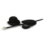 Patey, a military peaked cap, together with a boxed black bowler hat, and an ebonised walking cane
