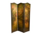 A three-fold painted leather screen, the arched panels painted with pastoral scenes 182cm (71in)