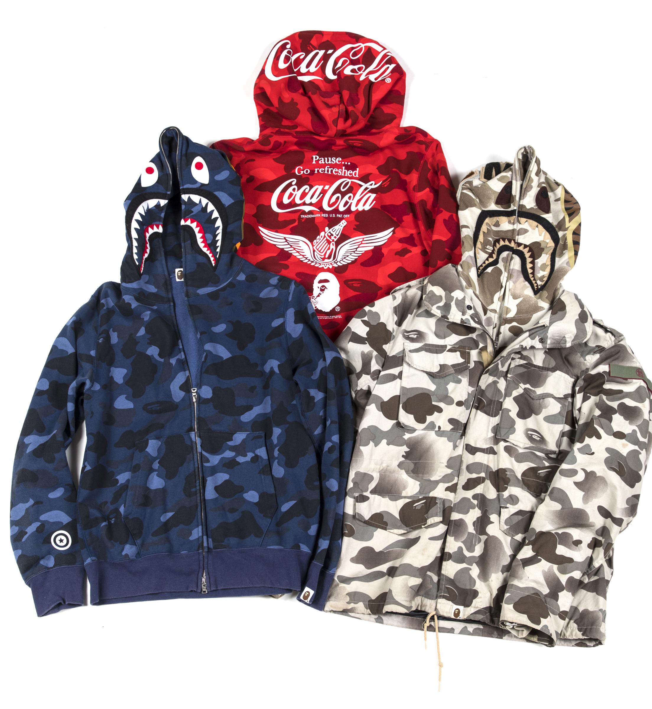 A Bathing Ape (BAPE) a collection of six variously patterned hoodies, in assorted colours, mostly