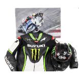Alpinestars, Keith's racing leathers and Arai crash helmet, together with a photograph on canvas