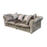 A large grey leather sofa, with loose cushions 80 x 255 x 120cm (31 x 99 x 47in)