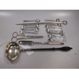 A George III silver meat skewer, together with a George I silver punch ladle, a pair of George III