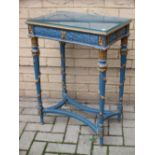 A 19th century French blue painted and gilt rectangular side table, 77cm high x 56cm wide x 38cm
