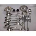 4 silver table spoons, bonbon dish, cup, butter shell and condiment items, together with some silver
