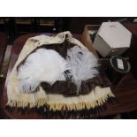 A 1920's ladies white fur cape, two fur jackets, two ostrich fans and various fur stoles etc