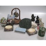 Two Burmese opium duck weights, a pocket watch, a pair of white metal and ivory cosmetic trays and