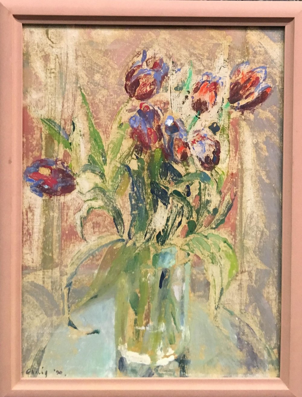 T Craig, Tulips, mixed media, signed "Craig '90" lower left and to the reverse, 43 x 31.5 cm