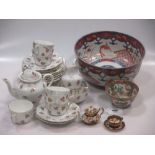 Miniature imari colour teapot, cup and saucer, an imari bowl and floral teaset