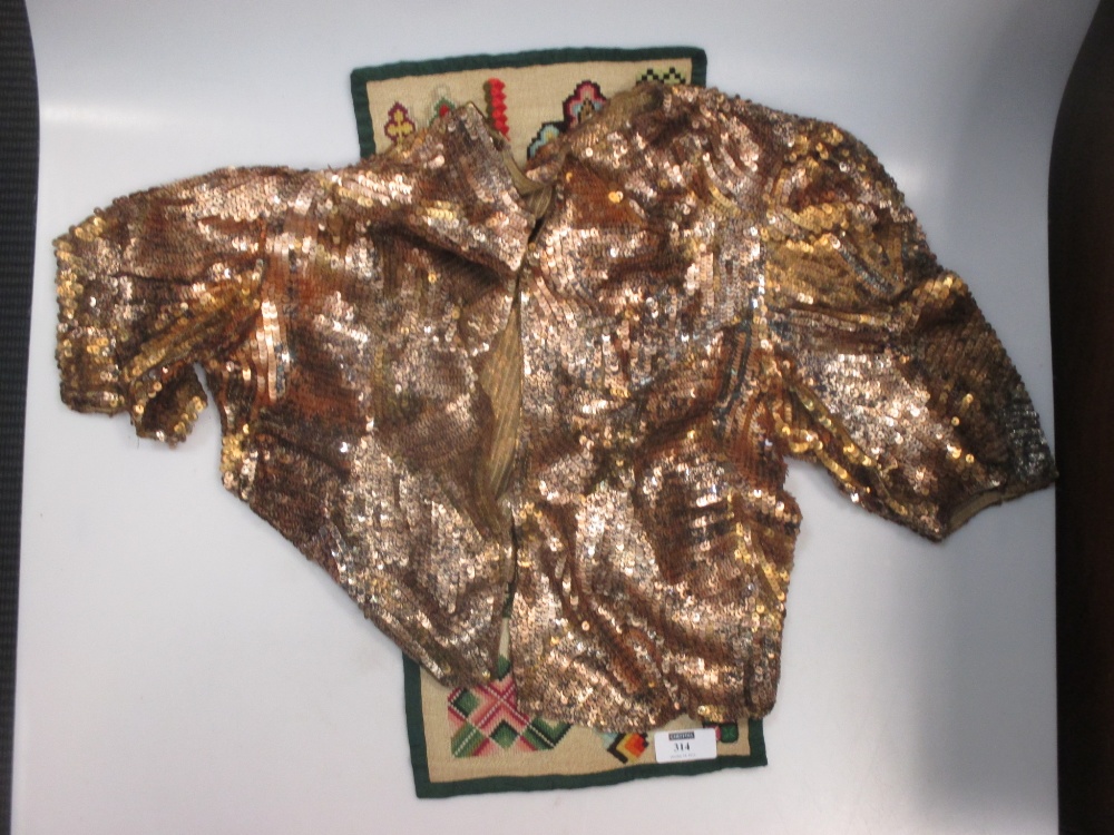 Five 19th century needlework example panels, a 1920's sequin evening jacket and other textiles - Image 4 of 6