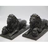 After Canova, a pair of 20th century bronze lions, 29cm long (2)