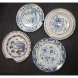 A Liverpool Delft dish - a/f, and three further delftware dishes, (repaired) (4)