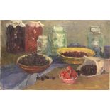 A Kiselev (Russian, 20th Century), Still life with a bowl of strawberries and cherries, 1958, oil on