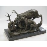 After Mene, a 20th century bronze of hounds taking down a stag, 23 x 36cm overall