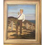 Nora Munro Summers (British, 1892-1948), boy eating an apple near sand dunes, oil on board,
