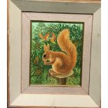 Sheila Flinn (British, b.1929), Squirrels, signed lower right, oil on board, 24.5 x 19.5 cm