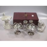 A pair of monarch silver salts/bon-bon pedestal dishes (boxed); a pair of panelled clear glass