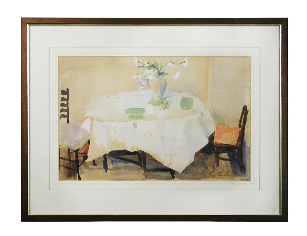 Roy Frederick Carnon (British, 1911-2002), table and flowers, signed, watercolour, 31 x 49cm; a