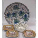 Delft plate, three Chinoiserie decorated plates and Sevres type basket (5)
