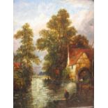 Follower of John Constable, RA (1776-1837) Watermill on the river with a church beyond,