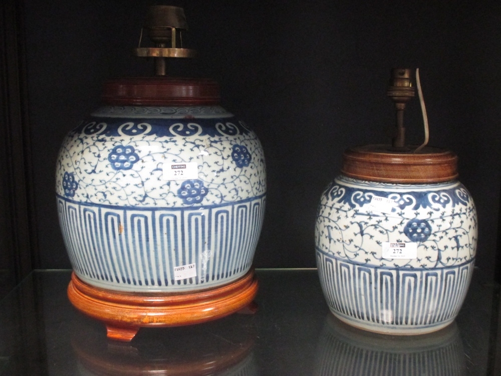 A 19th century Chinese blue and white ginger jar converted to a lamp, 28cm high inc. stand