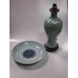 A 19th century Chinese dish and a celadon lamp