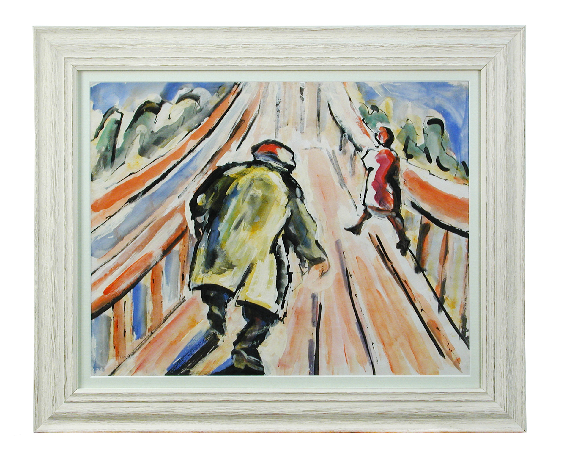 Paul Gerchik (American, 1913-1998), Walkers on a bridge, watercolour, signed, 42 x 54cm