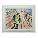 Paul Gerchik (American, 1913-1998), Walkers on a bridge, watercolour, signed, 42 x 54cm